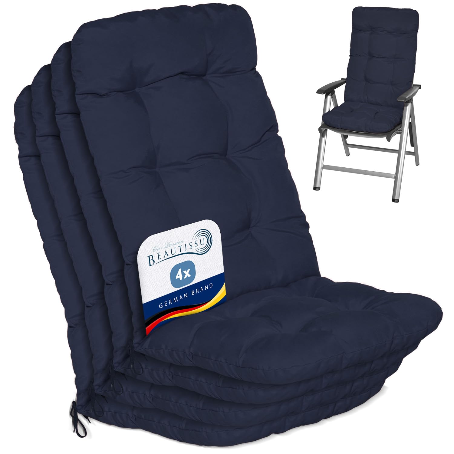 Beautissu Set of 4 Highback Garden Chair Cushions Set 120x50x8 cm - Dark Blue Outdoor Seat Cushions for Garden Chairs with Backs Pillows for Recliner Patio Sunbed Bench - Flair HL