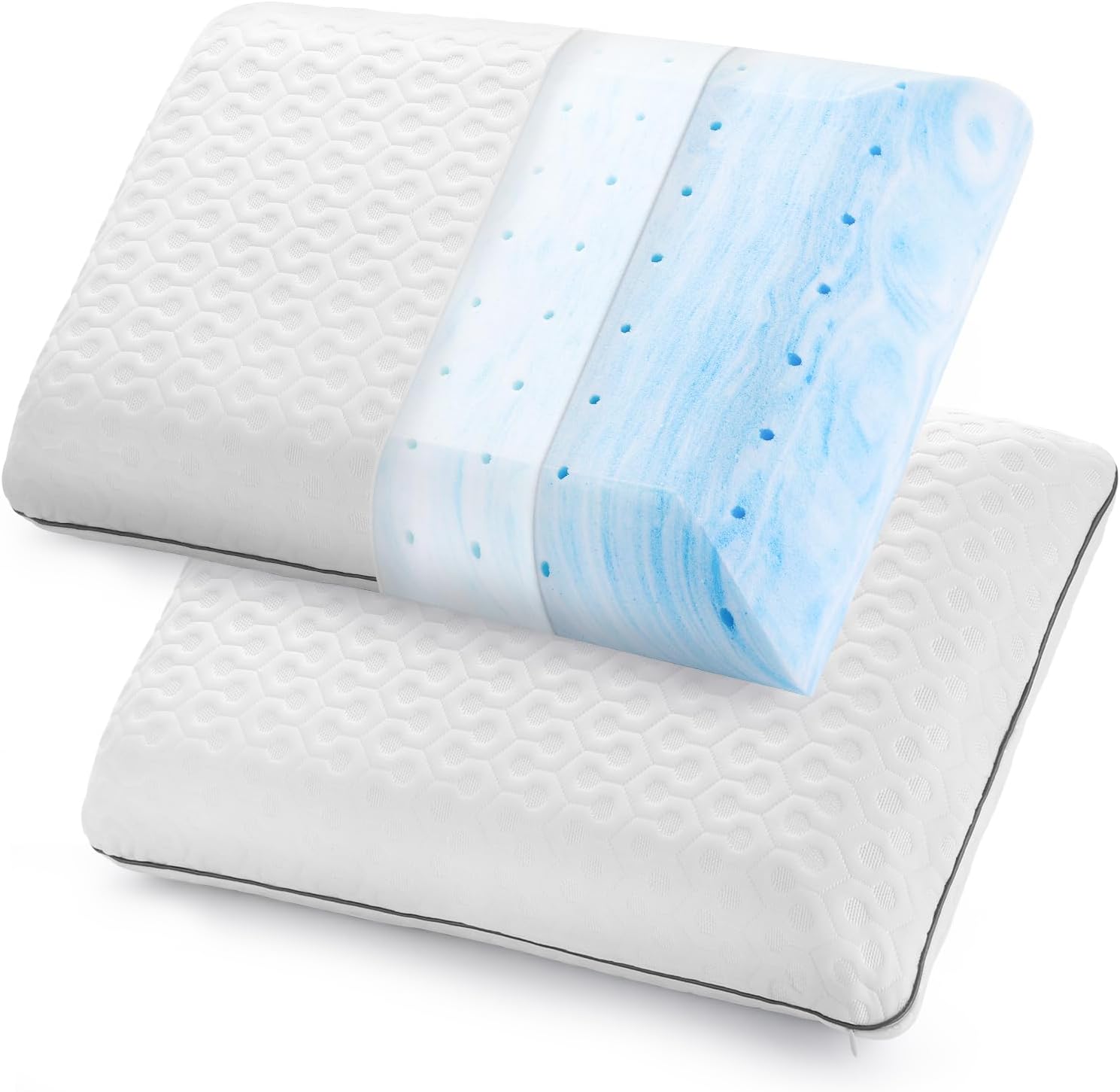 Gel Memory Foam Pillows for Sleeping- Standard Size -1-Pack - Medium Plush Feel - Neck and Shoulder Support - for Back-Side- Stomach Sleepers - Bed Pillows(White/Gray edge-6inch)