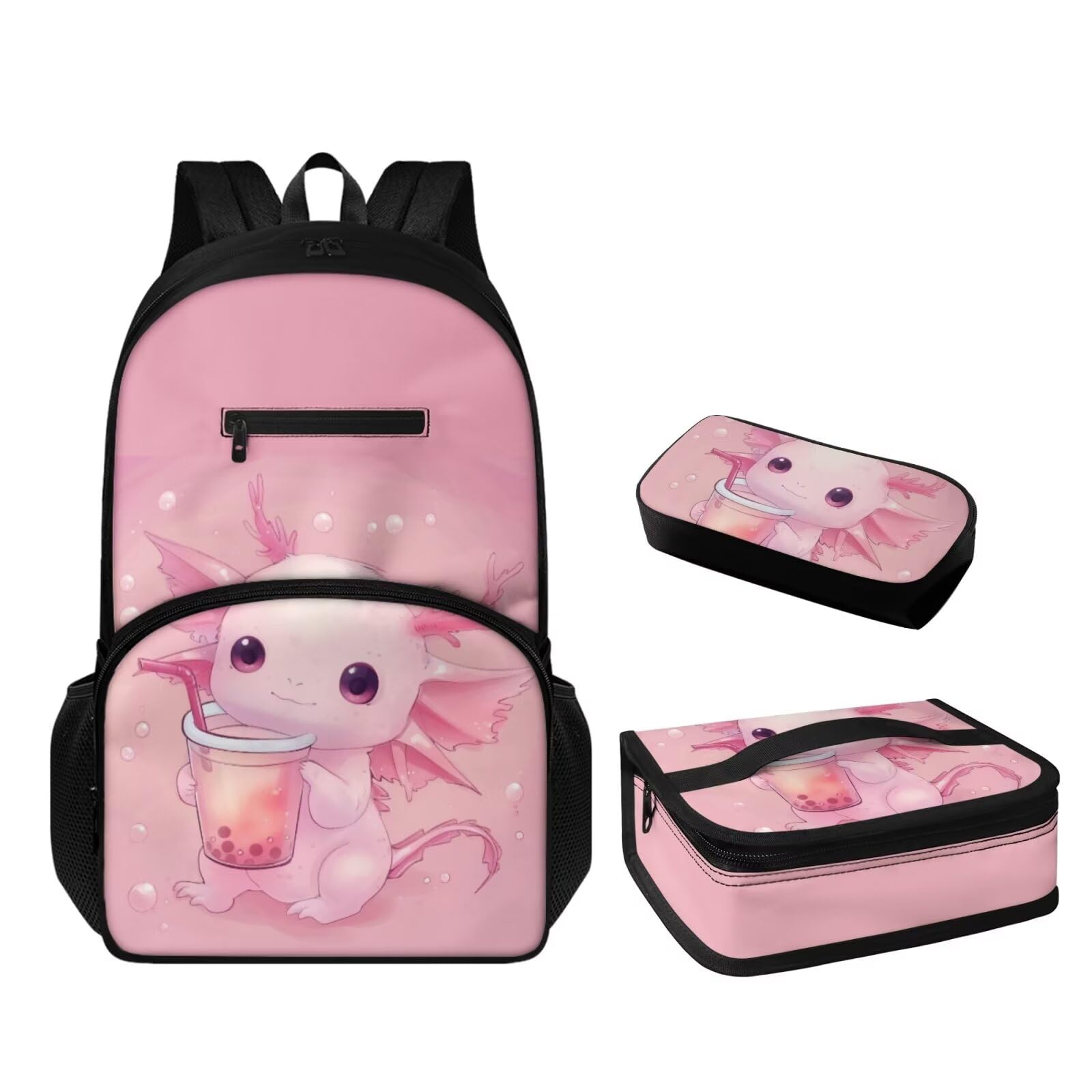 Flashideas Cute Axolotl 3Pcs Boys Backpack with Lunch Bag Pen Bag Set School Backpack Kids Backpack for Boys 6-8 Cool for Elementary Primary Middle