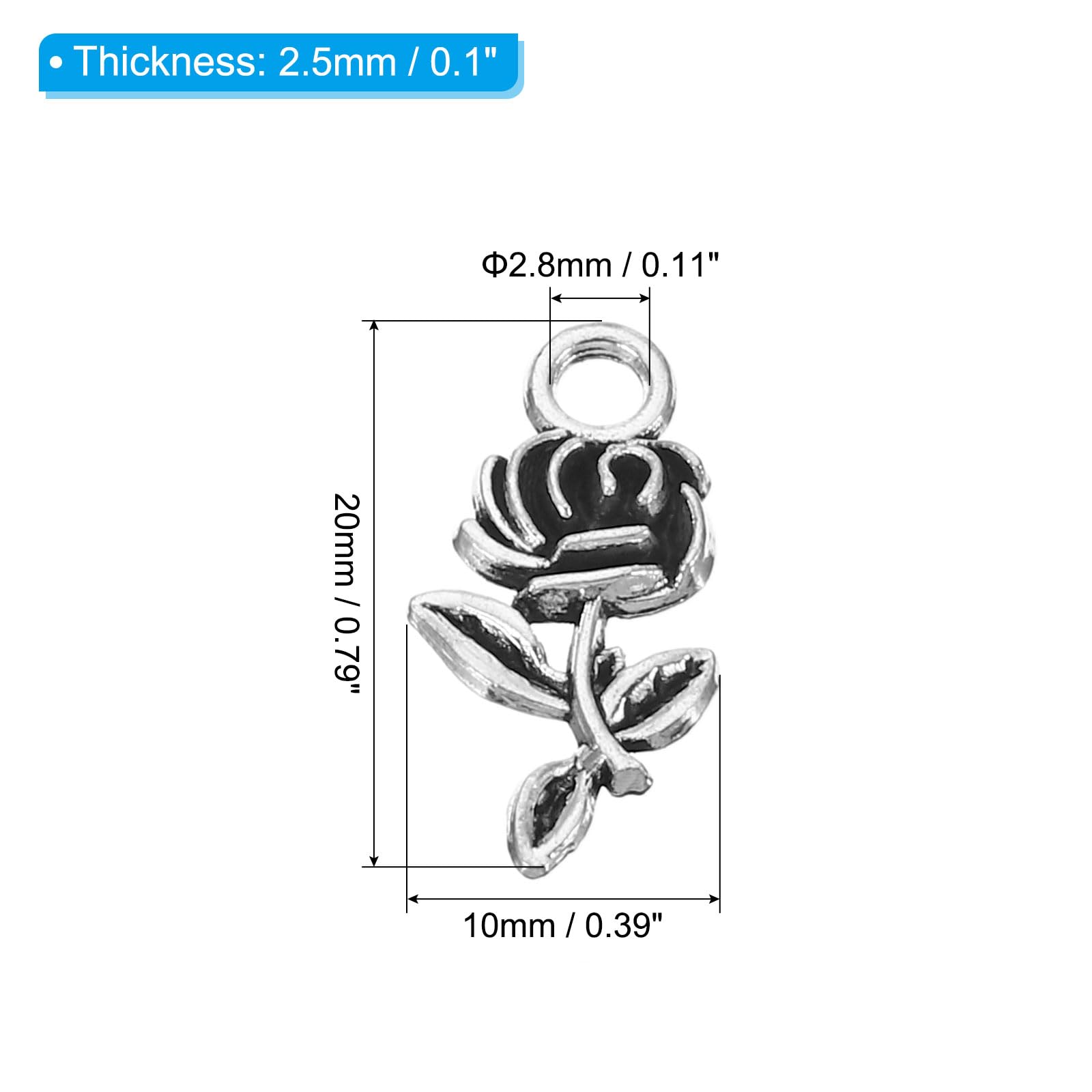 PATIKIL Rose Charm, 100Pcs Mini Rose Flower Pendant Charm Bulk Vintage Metal Designer DIY for Making s s Wedding Crafts Dark Silver - Image 2
