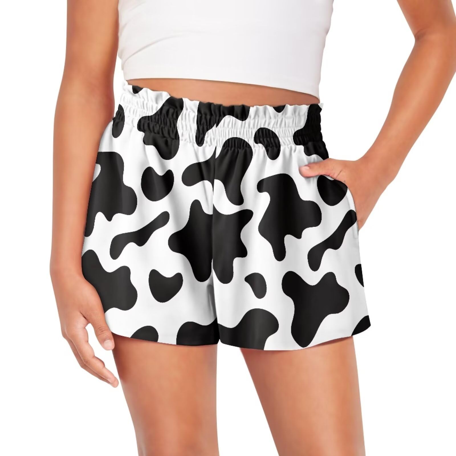 Dreaweet Cow Print Shorts Toddler Girl 3-4t Cute Bike Shorts with Pockets Flowy Athletic Shorts High Waist Casual Short Pants Summer Outfit