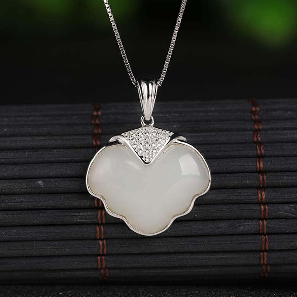 Jade Kette Damen, Smaragd Schmuck, Jade Stein, Sterling Silber im Chinesischen Stil Retro Sterling Silber WeißE Jade-AnhäNger-Halskette, 18 "(mit Geschenkbox), Unisex