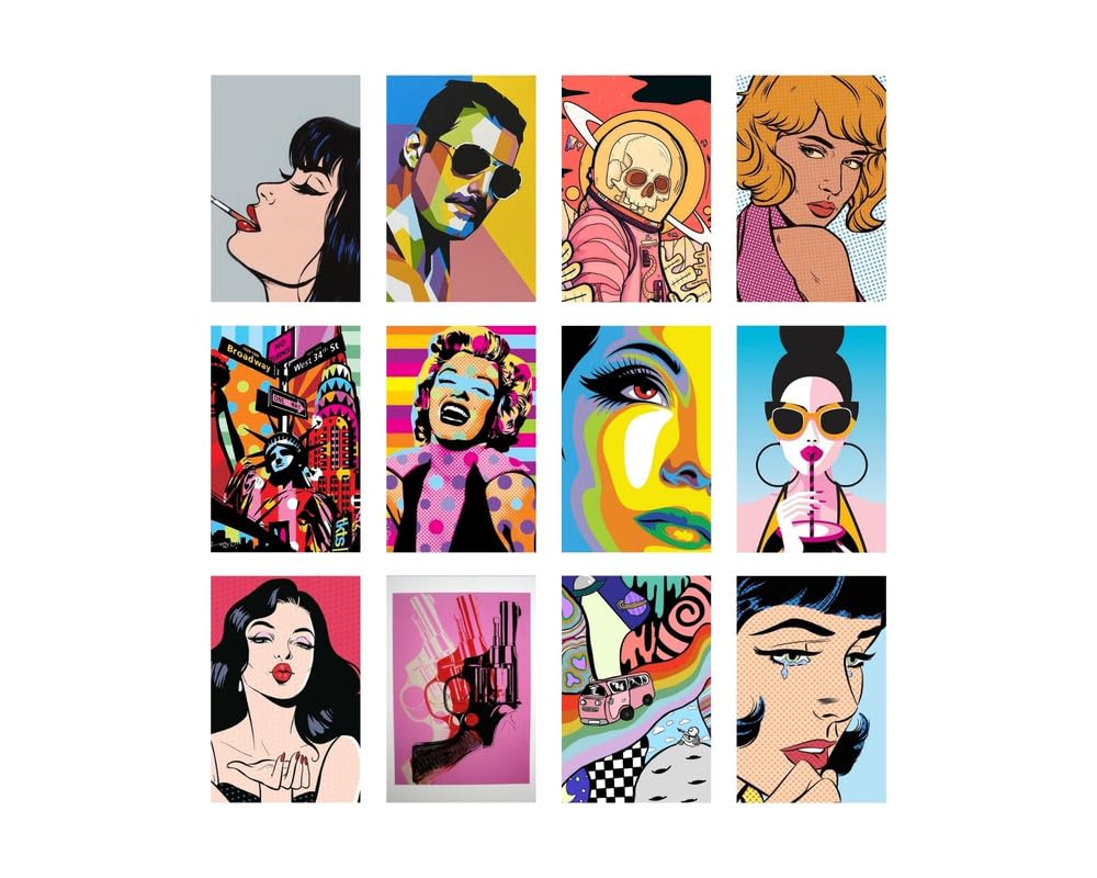 Posters Inc Pack of 12 Pop Art Posters, Home Decor Items for Living Room, Aesthetic Wall Stickers for Bedroom and Kitchen, Gifts for Women, 8x12 Inches Size Collage Art Kit