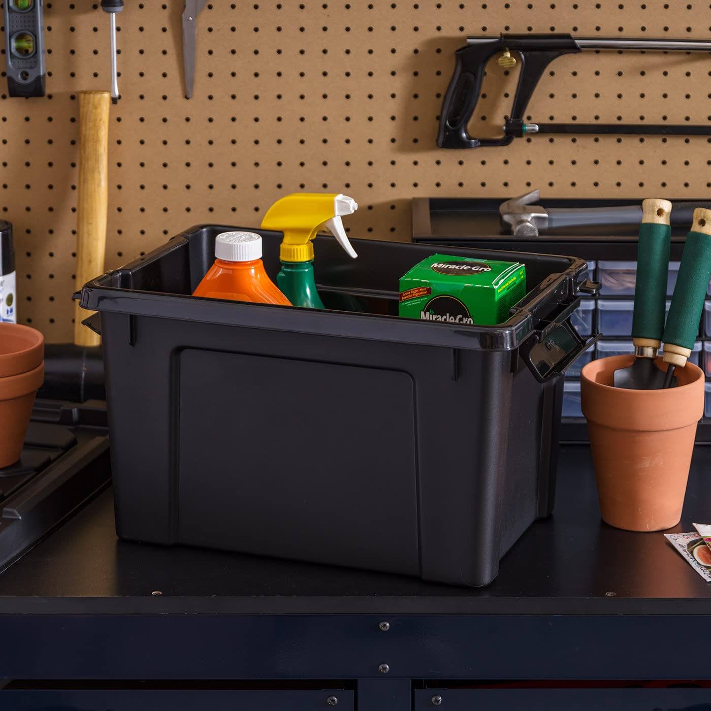 IRIS USA 5 Gallon Heavy-Duty Stackable Storage Totes, Plastic Container Bins with Durable Lids and Secure Latching Buckles for Gardening and Utility Supplies, Garage Tool Storage, Black, 6-Pack