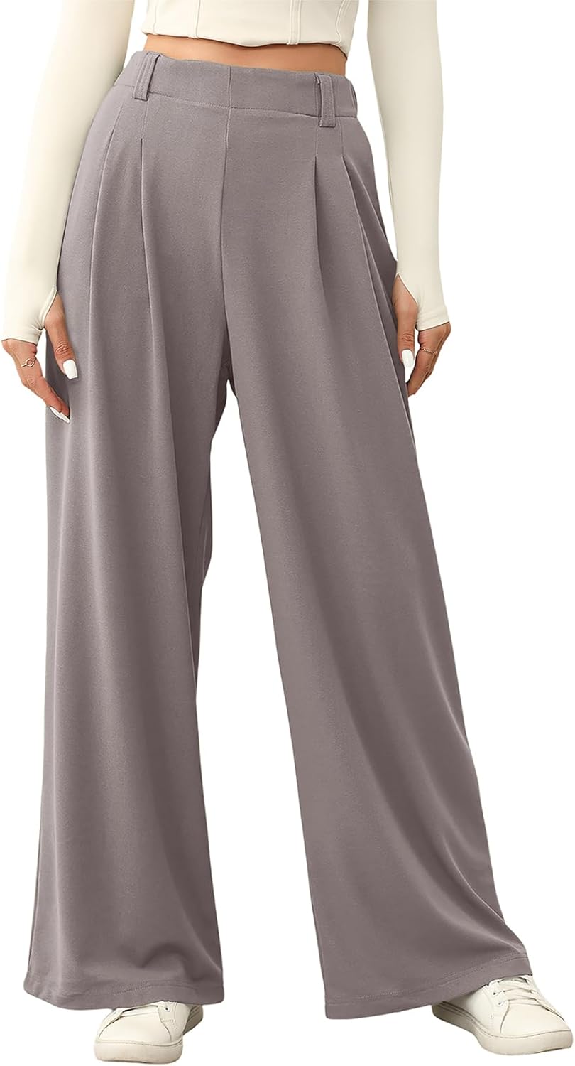 EVALESS Wide Leg Pants for Women Elastic High Waisted Waffle Knit Fleece Lined Palazzo Pants Work Trousers with Pockets