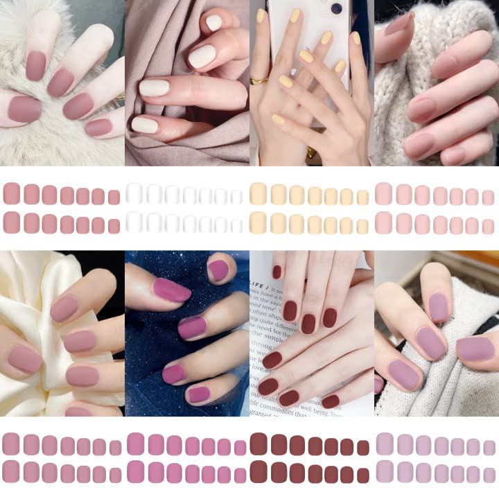 8 Packs (192 Pcs) Matte Short Press on Nails, Acrylic Short Fake Nails Set Artificial Nails Fake Solid Color with Adhesive Tabs Nail File for Women
