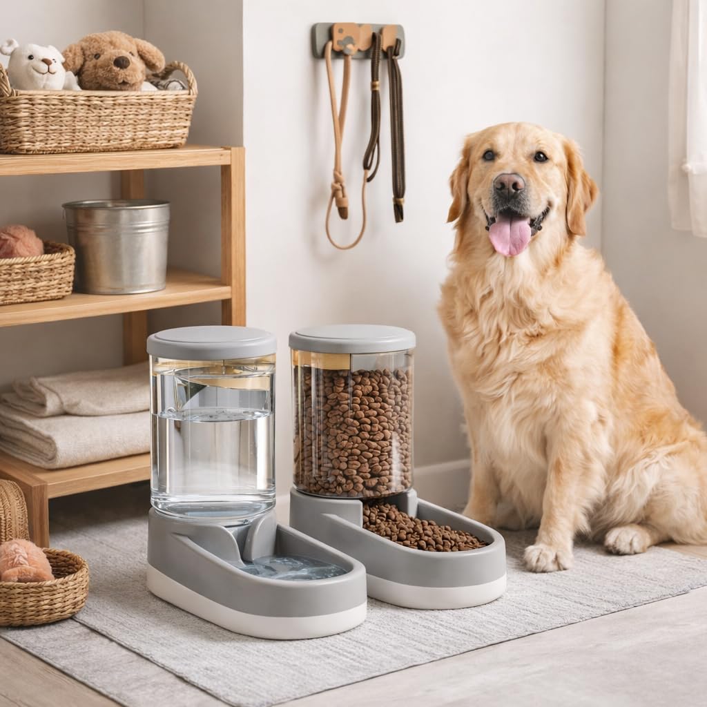 Gravity Pet Feeder and Water Dispenser Set, 8L (4L+4L) fino a 14 giorni, automatico cane gatto alimentatore e abbeveratoio, design trasparente, a prova di perdite, anti-inceppamento, senza elettricità