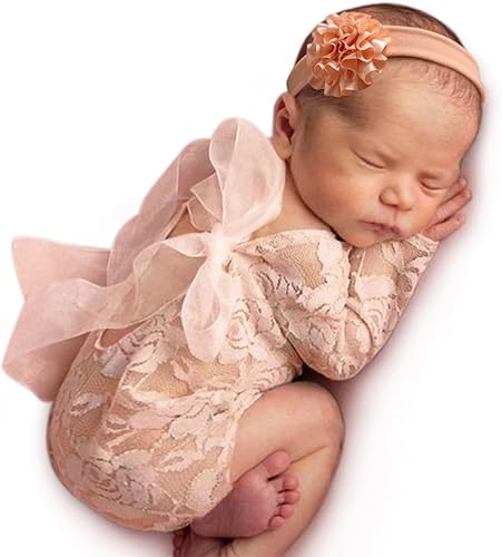 ForBaysy Traje de fotografía para recién nacido, mameluco de encaje con diadema, disfraz de princesa infantil