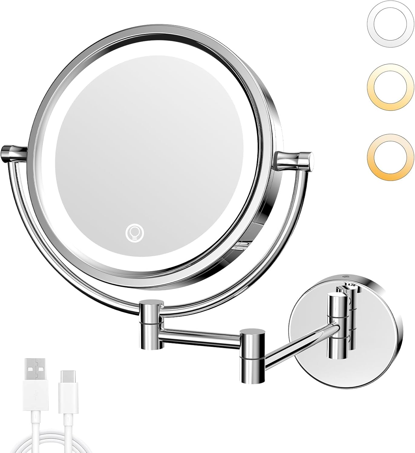 GURUN 10x Magnifying Mirror with Light Wall Mounted Makeup Mirror Dimmable 3 Color LED Beauty Mirror Touch Screen Brass Rechargeable Cosmetic Mirror with Extension Arm-Chrome