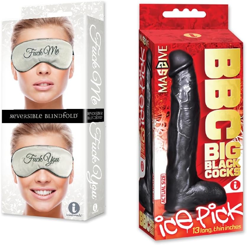 Sex Toy Bundle of Fuck Me/Fuck You Mask and Icon Brands Big Black Cock Ice Pick 13 Inch Dildo
