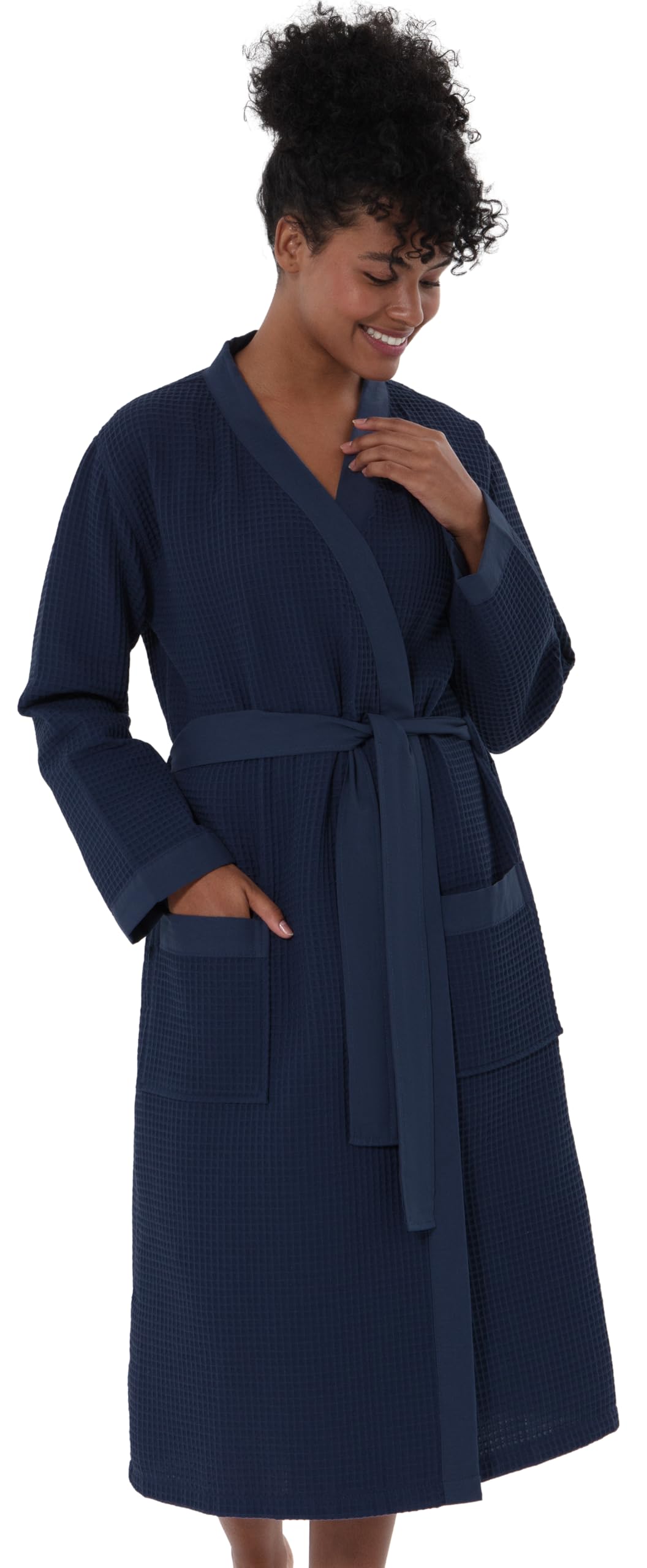 SEYANTE Women's Organic Cotton Waffle Kimono, Hooded Robe – GOTS Certified Lightweight Full-Length Spa Bathrobe with Piping