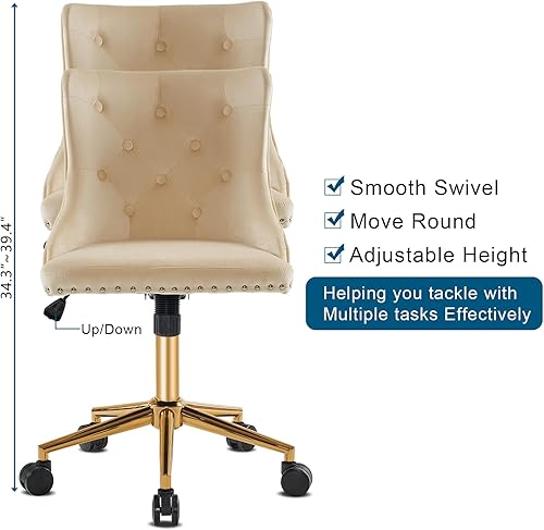 Miniatura 6 de VINGLI Silla de escritorio de terciopelo beige sin brazos para oficina en casa con base doradaruedas, pequeña silla de tocador y maquillaje con