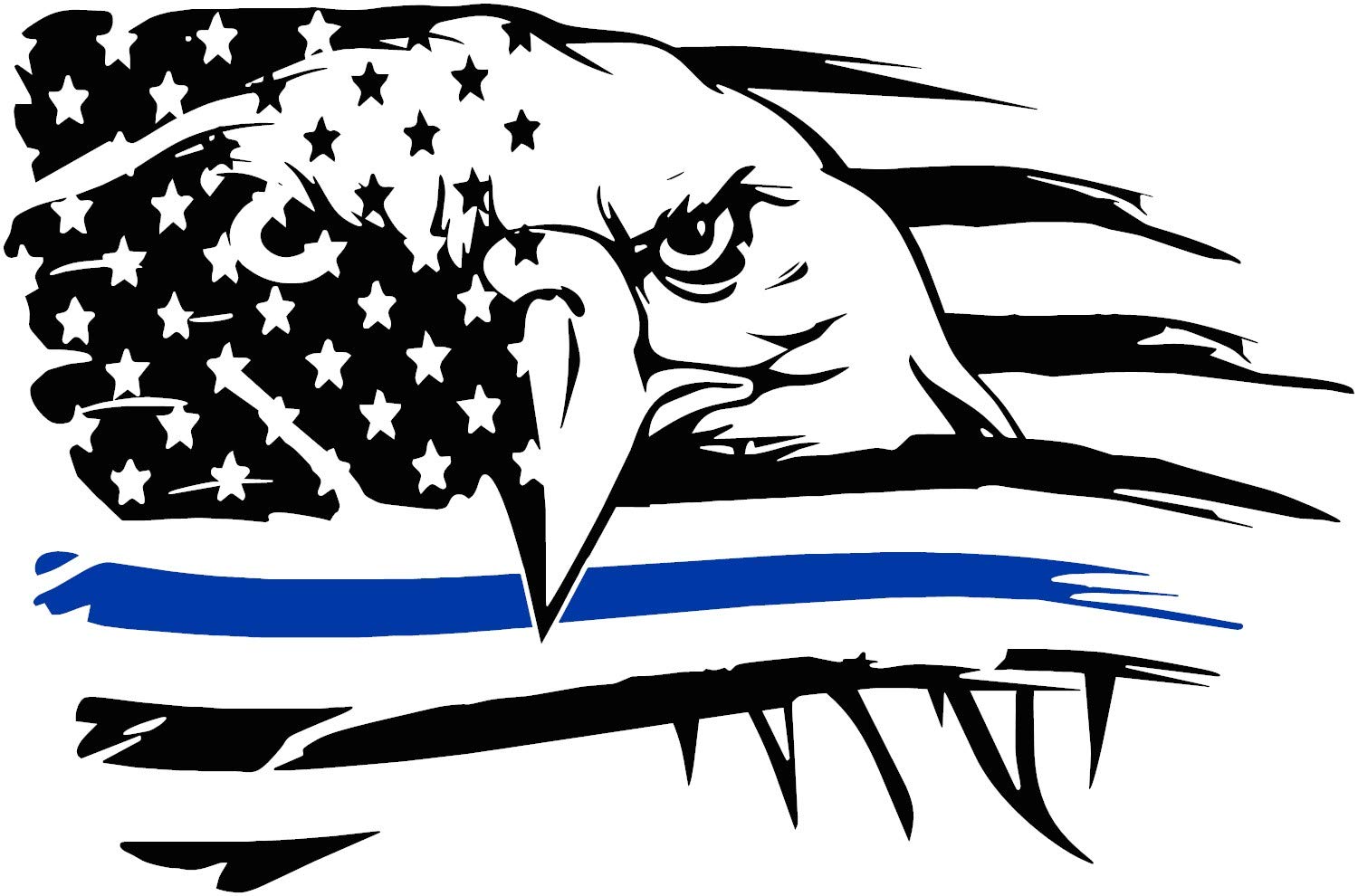 Blue Line Tattered Distressed American Flag Bald Eagle Police SupportVinyl Decal Sticker (Gloss Black) (Gloss Black)