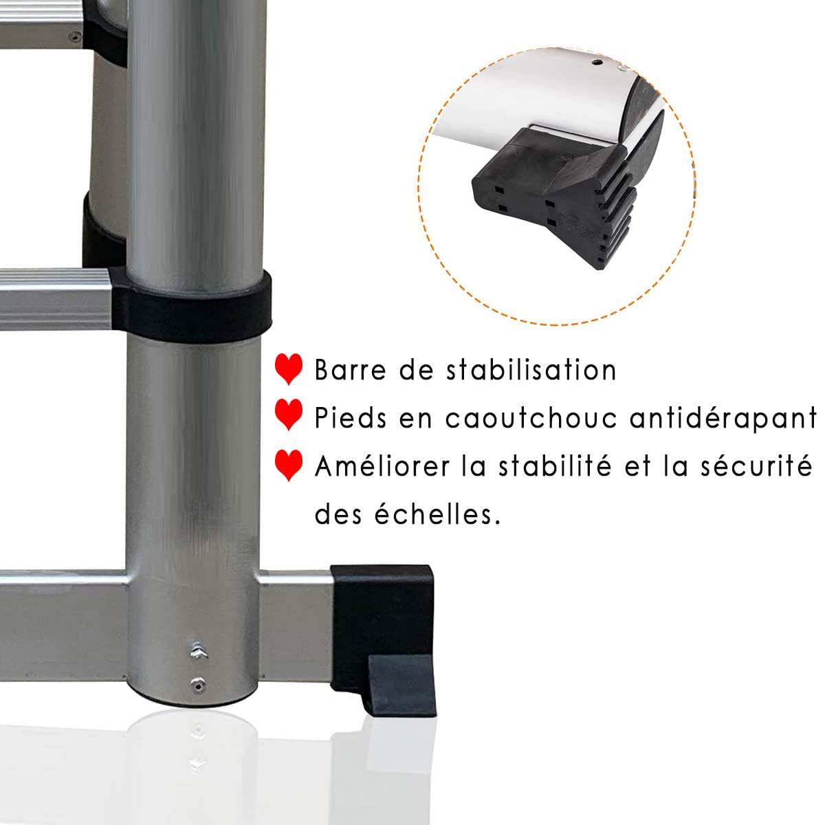 Échelles Coulissantes 3,8m avec stabilisateur, Échelle télescopique Portable et Pliante Antidérapante Escabeau Échelle pour Travail Domestique et Extérieur, Capacité de 330lbs Argent