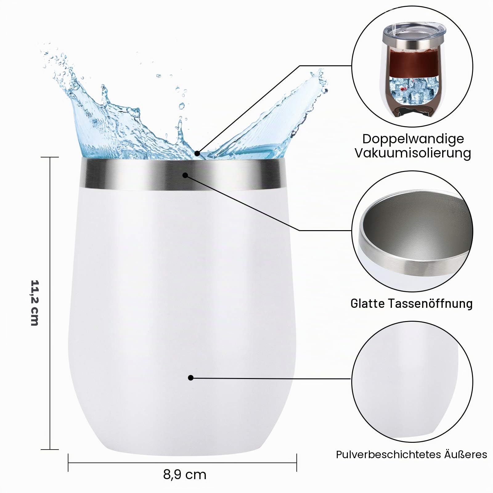 Weingläser aus Edelstahl, doppelwandig, vakuumisoliert, mit Deckel und Strohhalmen, 340 ml, für Kaffee, Wein, Cocktails, Champaign, Weiß, 12 Stück
