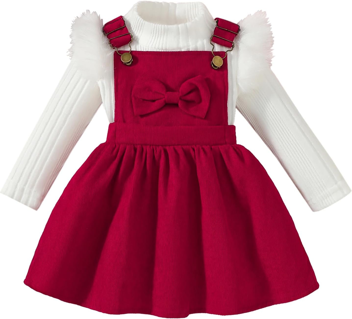 Toddler Baby Girl Outfits Long Sleeve Ribbed T-Shirt Bow Overall Dresses Suspender Skirt Set Fall Winter Clothes