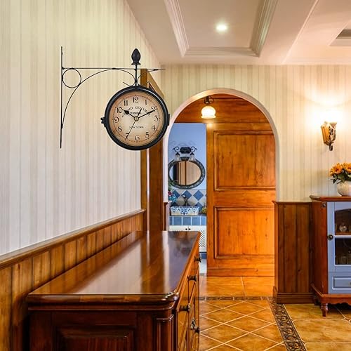 Miniatura 2 de Eforcase Reloj de pared retro de doble cara, estación de reloj de pared de doble cara, reloj colgante de esfera retro, reloj decorativo de cuarzo