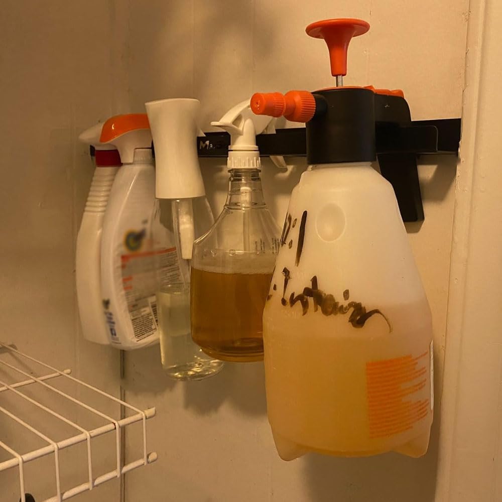 BE-Tool 2 PCS Black Metal Wall Mount Spray Bottle Holder, Holds 6 Bottles, for Garage/Laundry Room/Cleaning Supplies