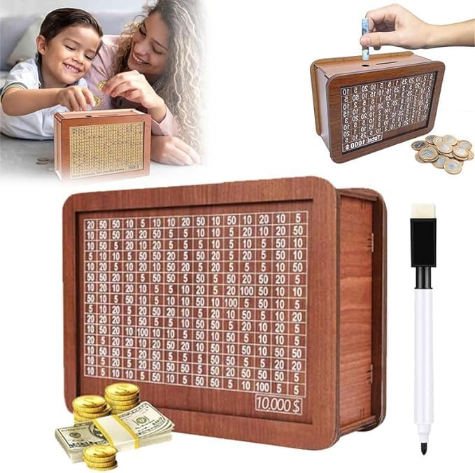 Generic Cash Vault Wooden Savings Box,Retro Reusable Wooden Money Box,Money Box with Counter with Numbers Ticks, Wooden Coin Bank for Boys and Girls (