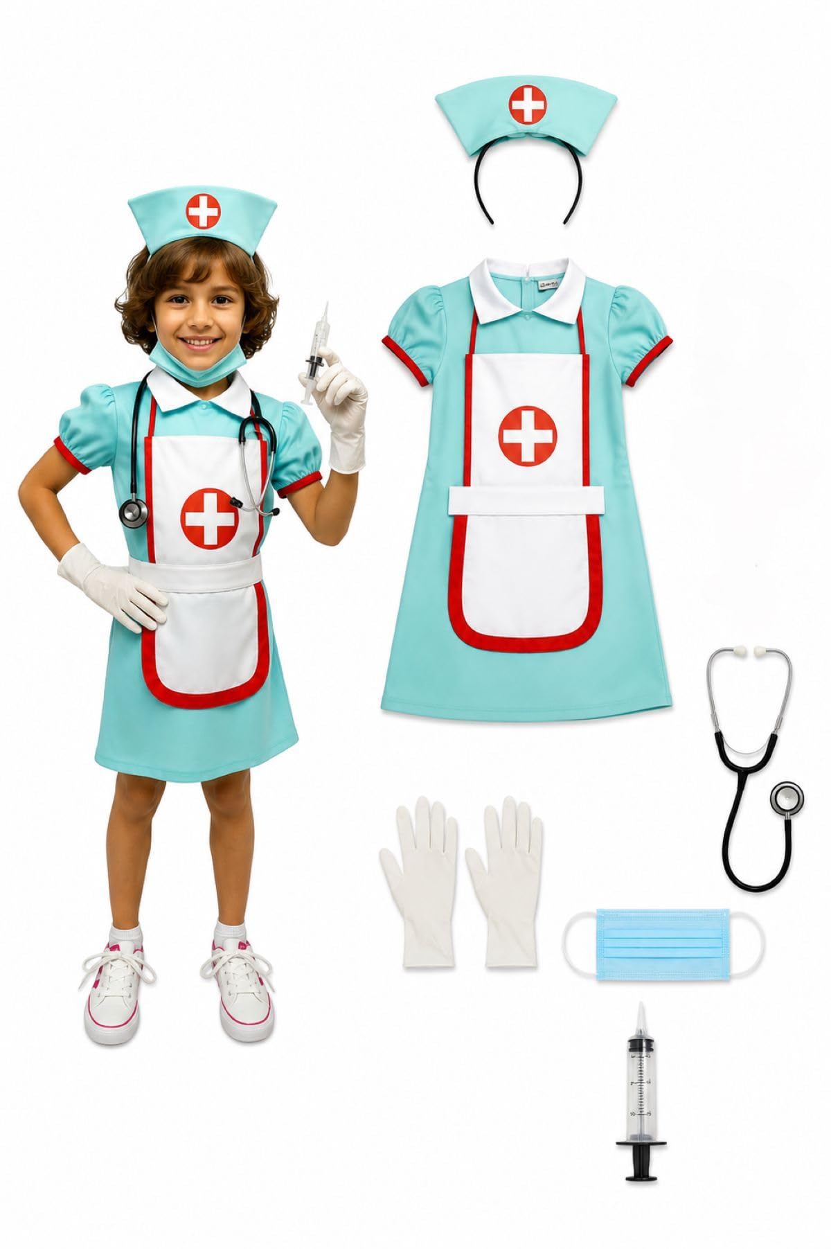 BookMyCostume Kids Nurse Costume for Kids Girls | 6-Pc Professional Community Helper Uniform with Dress, Cap, Stethoscope, Syringe, Gloves & Mask | Pretend Role Play Costumes for kids | 5-6 Years-image-2