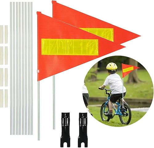 Bandera de seguridad para bicicleta con poste, 2 juegos, 6 pies, altura ajustable, fibra de vidrio, resistente al desgarro, impermeable, bandera de