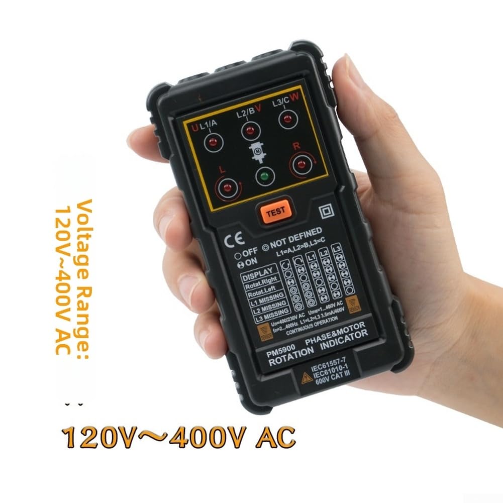 PEAKMETER PM5900 Berührungsloser Phasenfolger für 3-Phasen AC 120V-400V, Motor-Drehfeldprüfer mit R/L-Anzeige, für frequenz 2Hz-400Hz, Kompaktes Messgerät für Elektriker im Feld