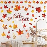Whaline 9 Sheets Fall Wall Decor Stickers Hello Fall Maple Leaves Wall Decals Small Room Mural Stickers for Autumn Thanksgiving Holidays Home Classroom Birthday Party Decoration, 8.3 x 10.6 Inch