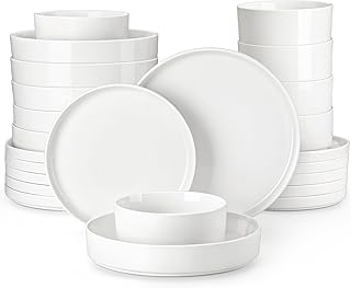MALACASA, Leah Series Crockery Set for 12 People, 48-Piece Porcelain Dinner Service Crockery Set White Crockery Set with Standing Rim of 12 x Dinner Plates, 12 x Dessert Plates, 12 x Cereal Bowls, 12