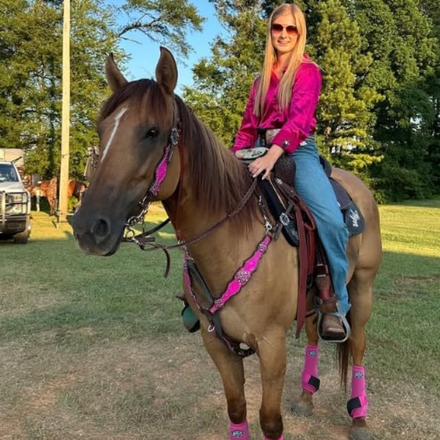 MOUSM Western One Ear Leather Headstall and Breast Collar Tack Set with Rhinestones, Pink Silver Metallic Acid Wash Cowhide Look, Full Average Size Horse