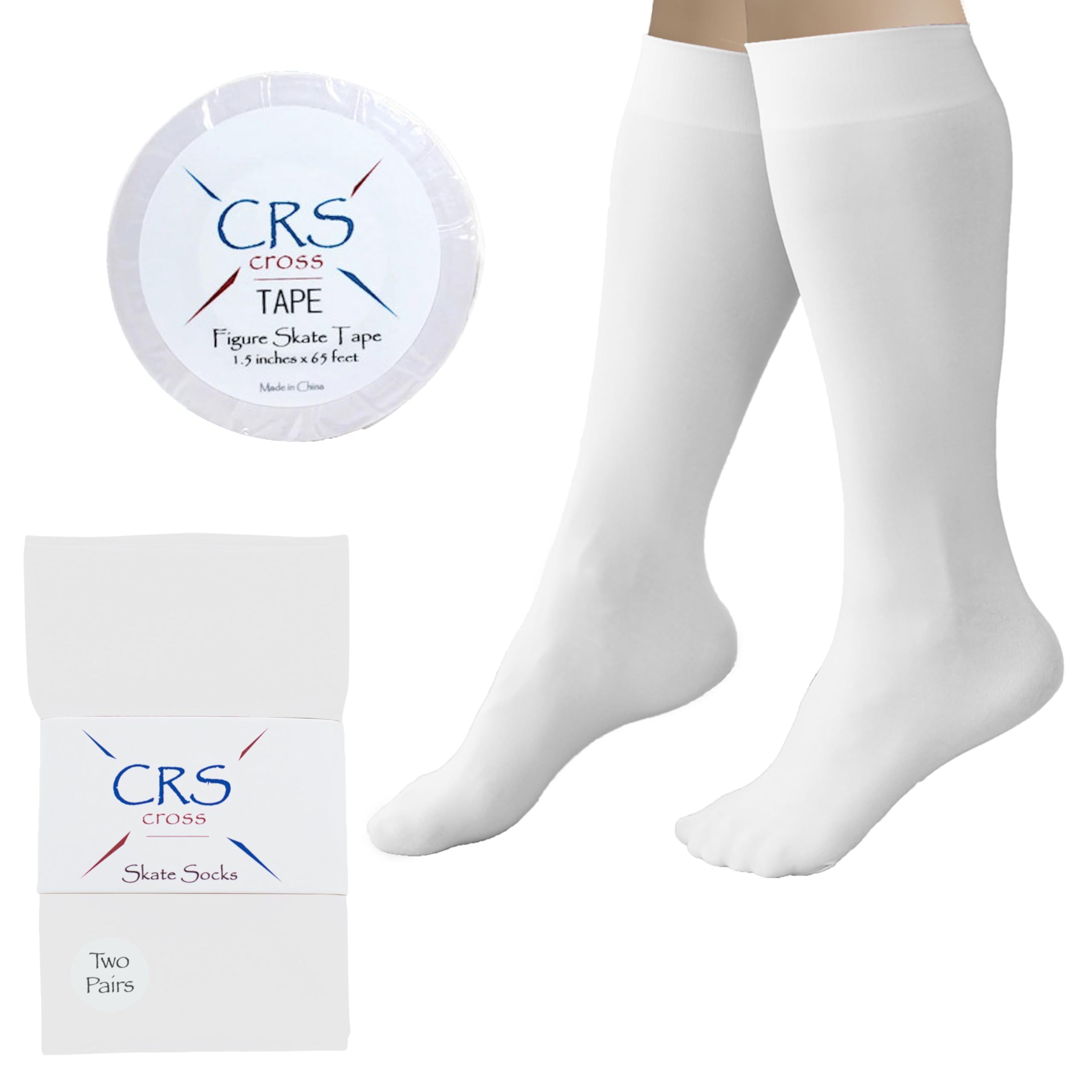 CRS Cross Figure Skating Socks Waltz White (2 Pair) and Figure Skate Tape (1.5 inch Wide)