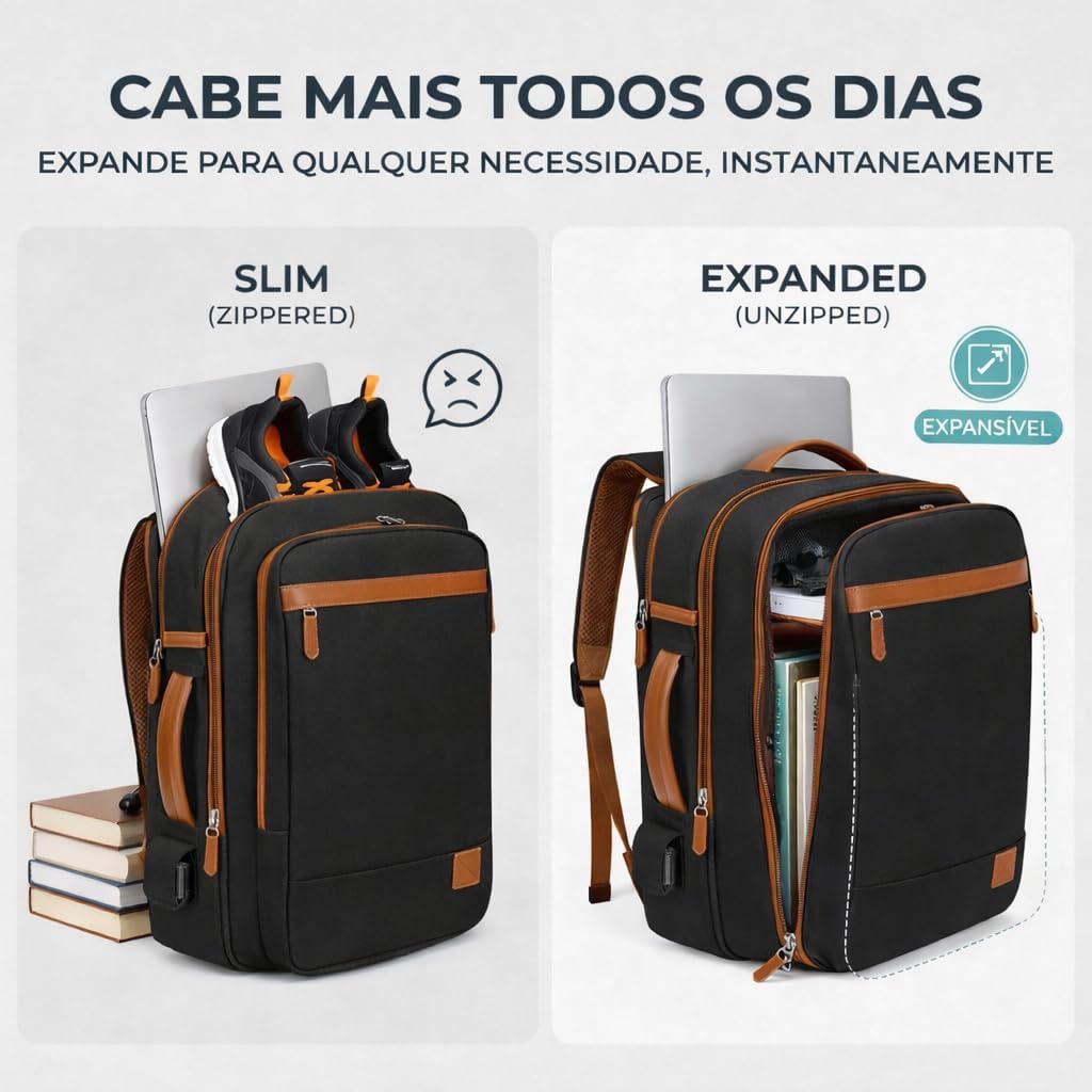 Mochila Grande para Notebook 15,6" Expansível e Impermeável | Mochila Executiva de Viagem Aprovada por Companhias Aéreas com Porta USB, Bolso para Líquidos, Mochila Escolar e de Trabalho