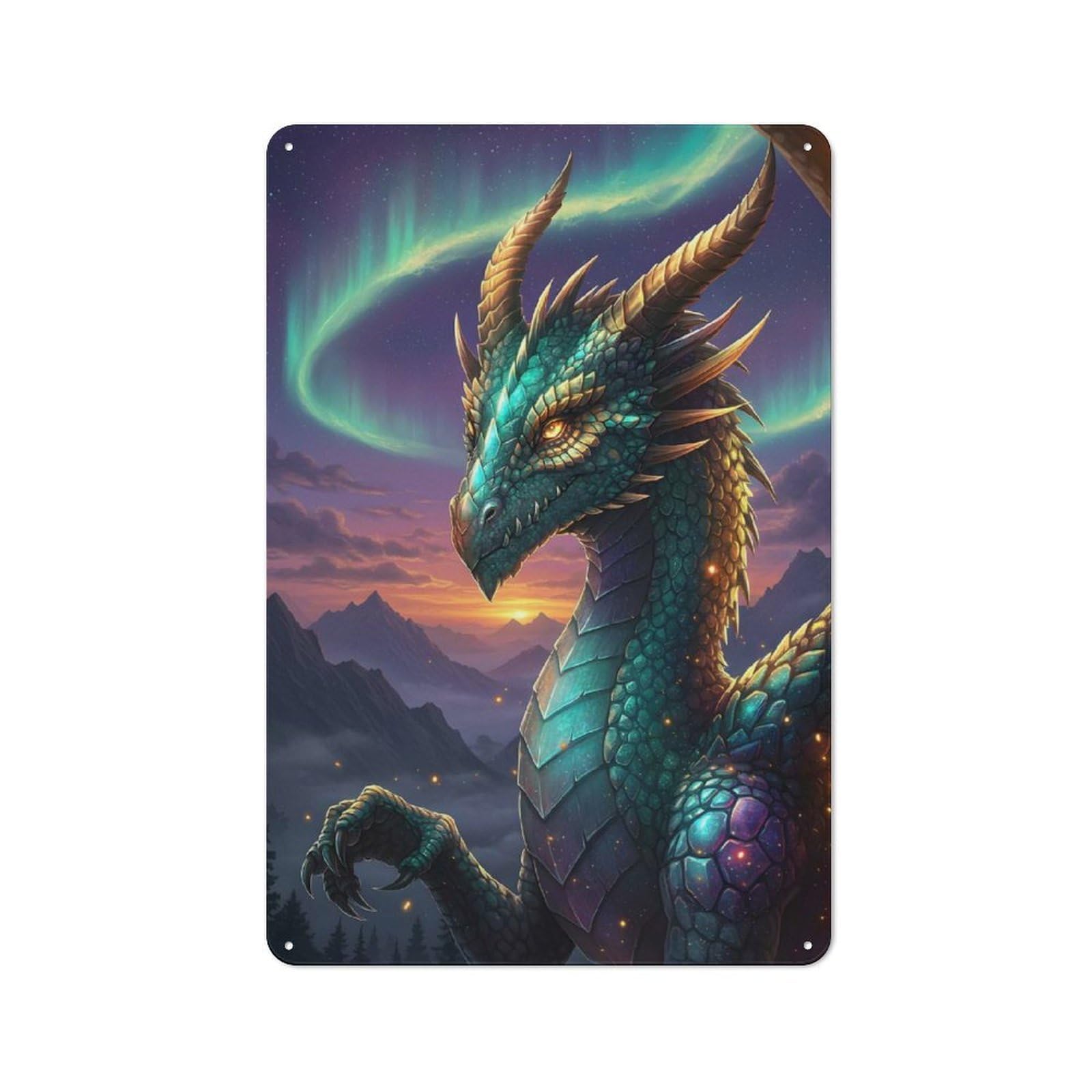 Majestic Dragon with Aurora Borealis Vintage Metal Sign 30x20cm, Shop Front Style Cafe Wall Decor for Coffee Bar, Small Shop Or Dining Room