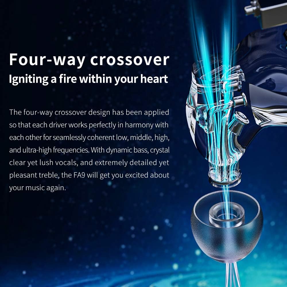 FiiO FA9 Earphone Wired Headphones in-Ear HiFi 6BA with Detachable MMCX monocrystalline Silver-Plated Copper Cable DLP Hi-Res for Smartphones/PC/Laptop/Tablet (Clear)