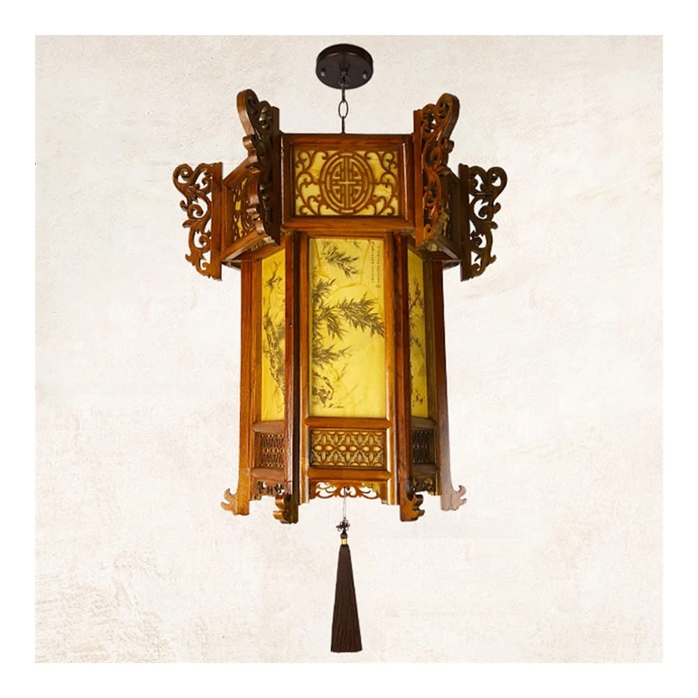 HWSY Solid Wood Hexagon Light Antique Palace Lantern Chandelier Led Ceiling Lamp Chinese Style Balcony Villa Temple Porch Entryway Patio Hallway Aisle Garden Drop Lamp/45Cm Interesting