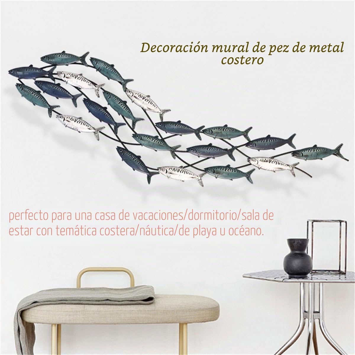 rcqeuiol Decoración de pared de peces de metal, arte de pared de peces en 3D, gran tema costero, escultura de pared de metal, decoración marina, para sala de estar, dormitorio, 59 x 16.5 pulgadas
