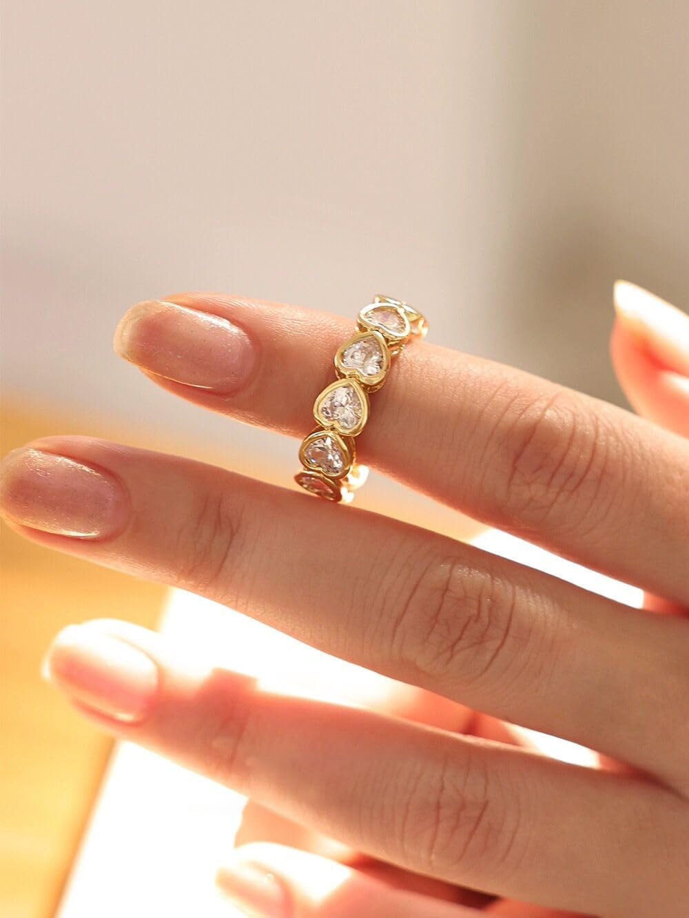 Sparkle Diamond Heart Open Statement Ring 14k Gold Plated Cubic Zirconia Love Hearts Expandable Stacking Knuckle Finger Bands Wedding Engagement Promise Eternity Adjustable Rings Dainty Valentine's