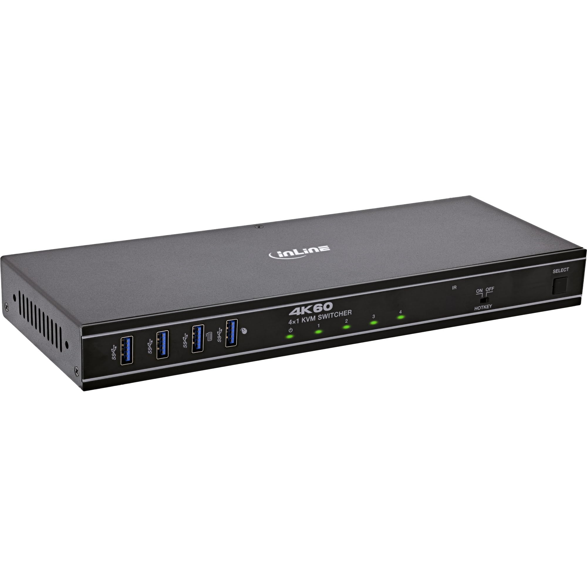 Inline DisplayPort KVM Switch 4 Porte 4K 60Hz DP 1.4a USB RS232 | 4 computer tramite una postazione di lavoro, 4K 60 Hz, USB KVM, hotkey, controllo IR e RS232, alloggiamento in metallo