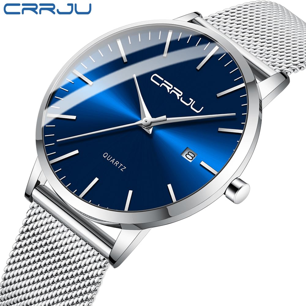 CRRJU Orologio Uomo da Polso Ultra Sottile, Minimalista Quadrante Classico Maglia Acciaio Inossidabile Cinturino, Impermeabile Analogico Quarzo Orologi con Data