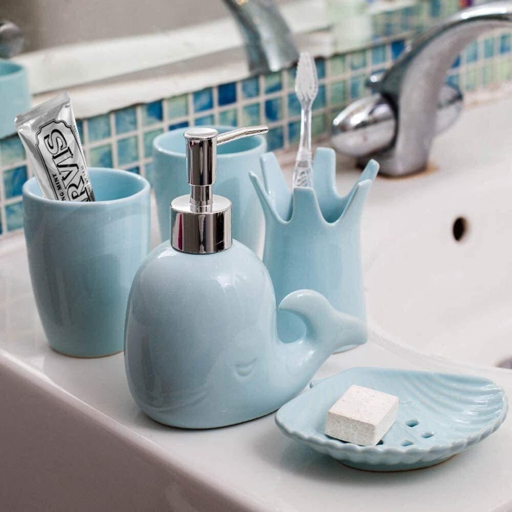 Juego De Accesorios De Baño De Cerámica - 3 Piezas Con Dispensador De Jabón, Soporte Para Cepillos Y Jabonera - Estilo Mármol Blanco Y Dorado