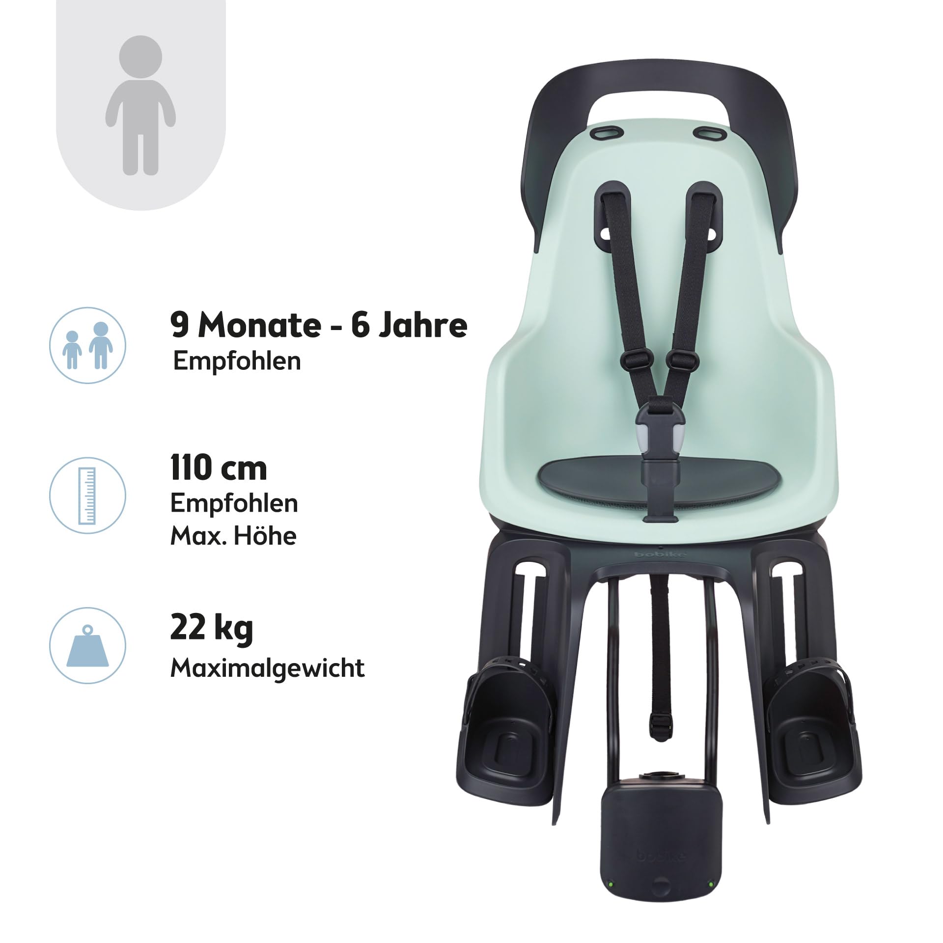 BOBIKE 8012400003 - Fahrradkindervordersitz GO Maxi für Fahrräder mit 26” bis 29” Rädern geeignet für Kinder mit Rahmenverankerung in Farbe Marshmallow Minze
