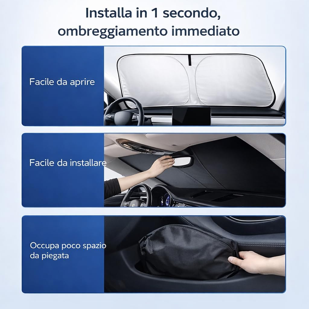Parasole Auto Parabrezza – Parasole Pieghevole Universale, Protezione UV, Anti Calore, Tendina Parasole Interna per Tutti i Veicoli (145×80 cm)
