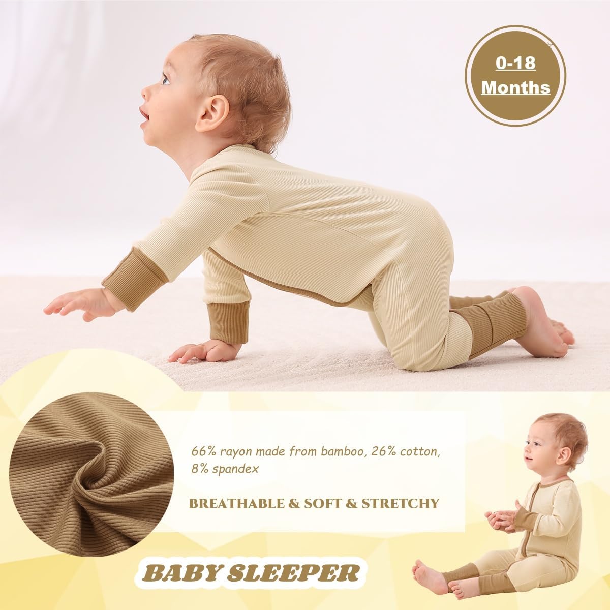 Bafeicao Baby Rayon of Bamboo Pajamas Sleeper with Mitten Cuffs Ribbed 2 Way Zipper Romper Long Sleeve Footless Pjs Sleepers