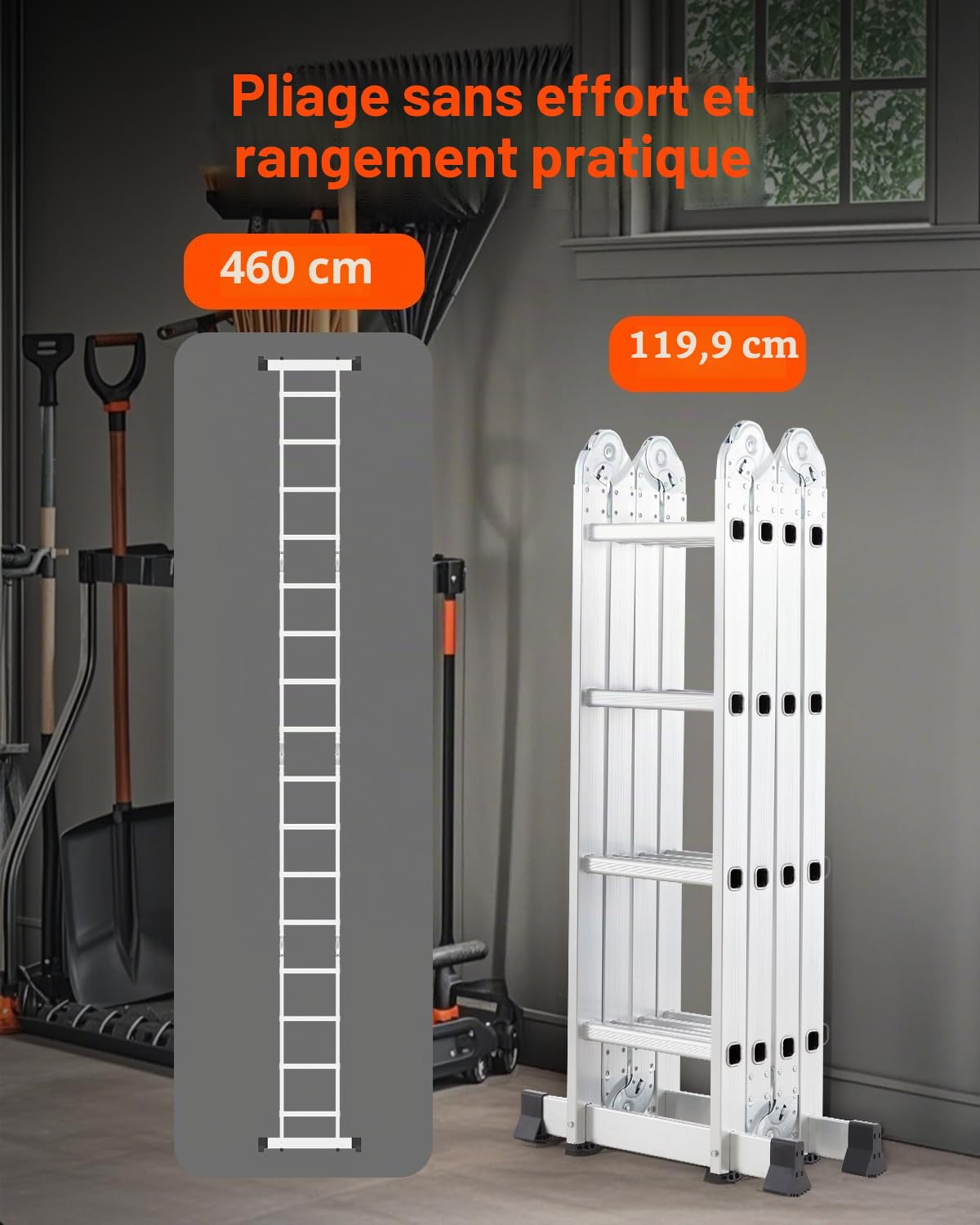 VEVOR Échelle Pliante Polyvalente 7 en 1 Escabeau Télescopique Réglable avec Barre Équilibre, Hauteur de Portée 4,6 m, Charge 150 kg, Échelle Multifonction Cadre A 4 Marches, pour Extérieur Intérieur