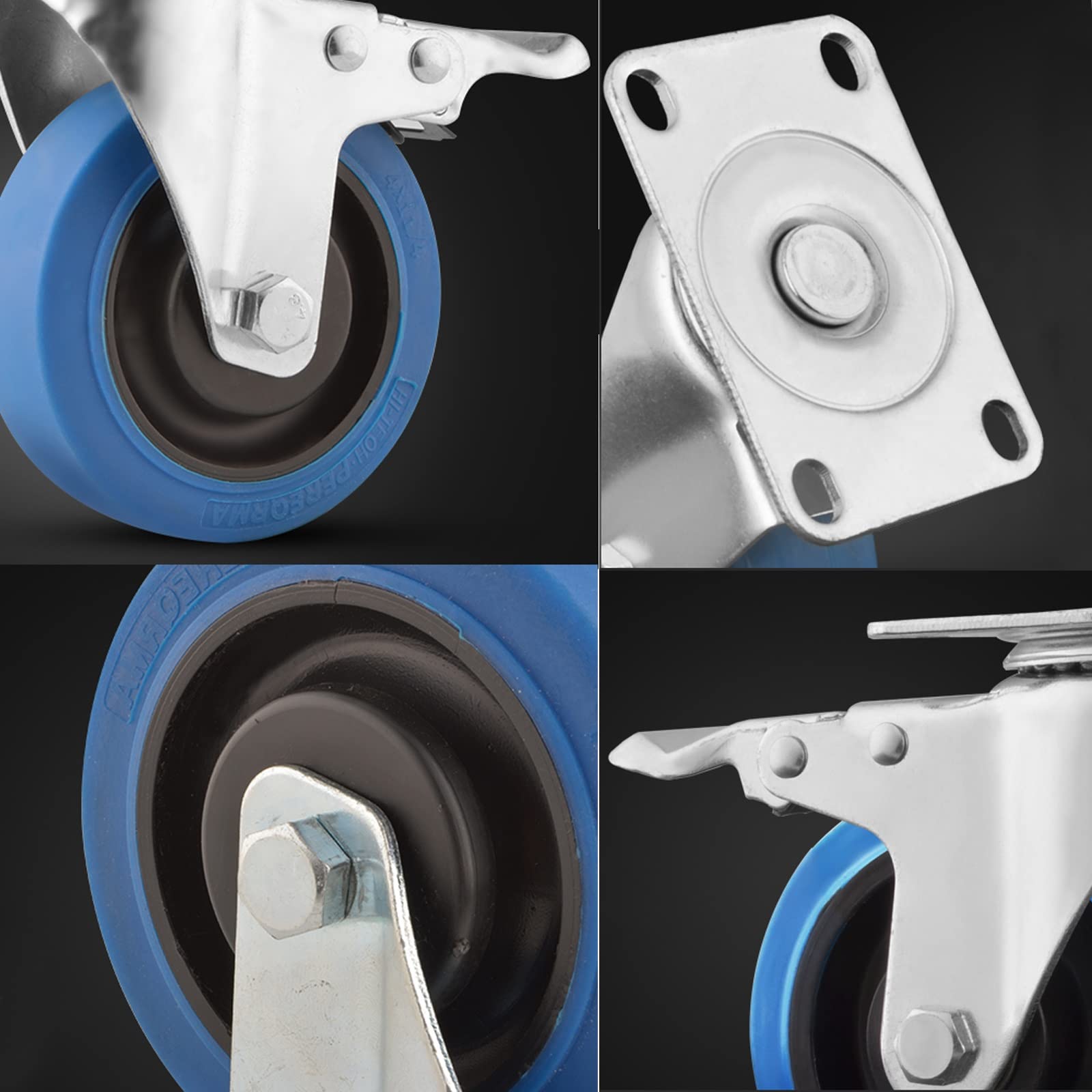HJXGQJM Ruote Pivottanti in Gomma, Pivontanti con Freno Girevoli Ruotabili A 360° Rotelle Piroettanti, 2 Ruote con Freno E 2 Ruote Piroettanti Senza Freni, Blu Rotelle girevoli(100mm)