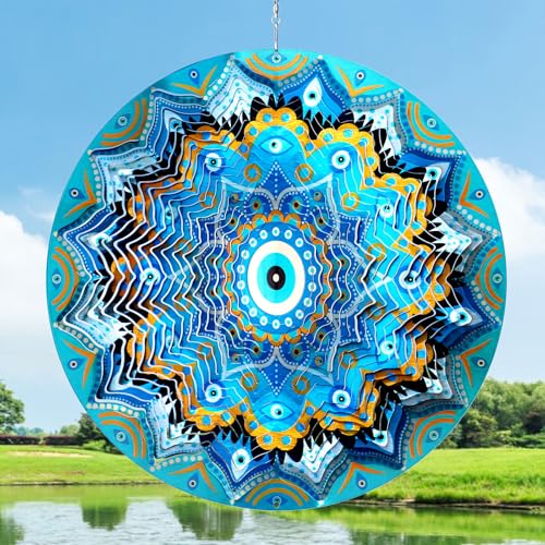 Image of Aoedelyart Wind Spinners Outdoor Mandala Peacock Evil Eye,12In Stainless Steel Wind Spinner Hanging Garden Decor,Garden Gifts for Women,Men,Mother,Father,Wind Sculptures 3D Kinetic Yard Art Ornament