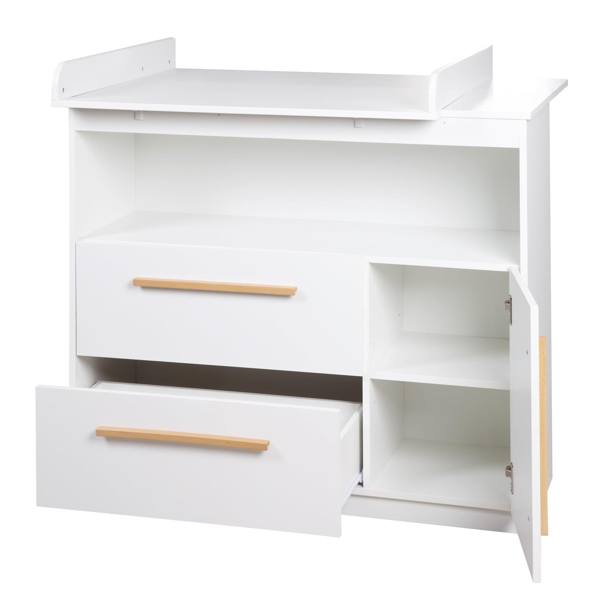 roba Kinderzimmer Set Lilo - Mitwachsendes Gitterbett 70 x 140 cm + Wickelkommode mit 2 Schubladen & 1 Tür + Kinderkleiderschrank 2-türig - Griffe aus Buche - Holz weiß lackiert