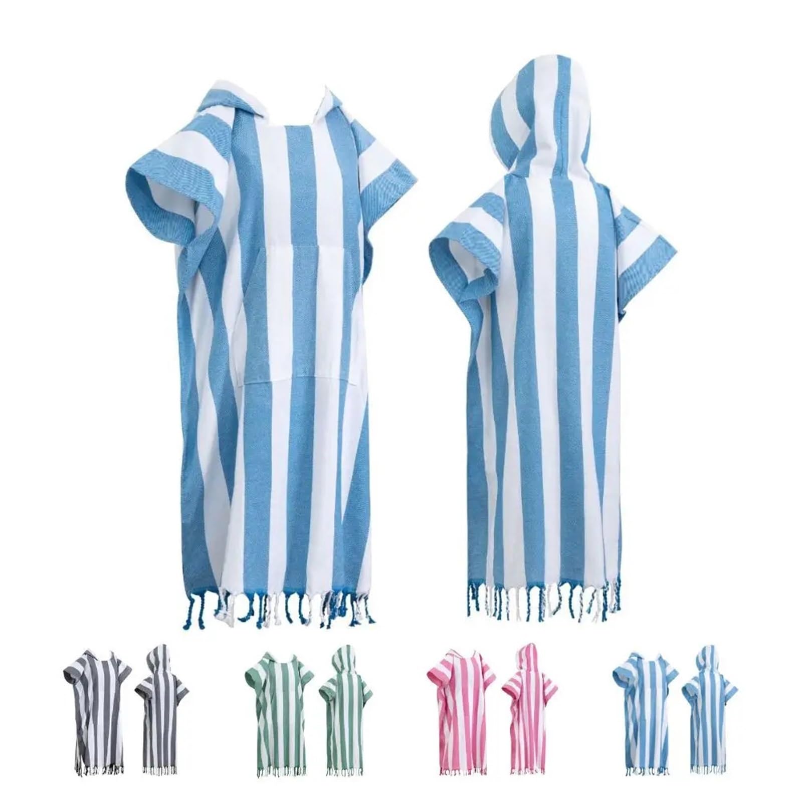 Poncho de Surf à Séchage Rapide Serviette de Plage rayée Portable, résistante au Sable et à séchage Rapide, Peignoir Poncho Surf en Coton, Robe Langer Capuche(Blue)