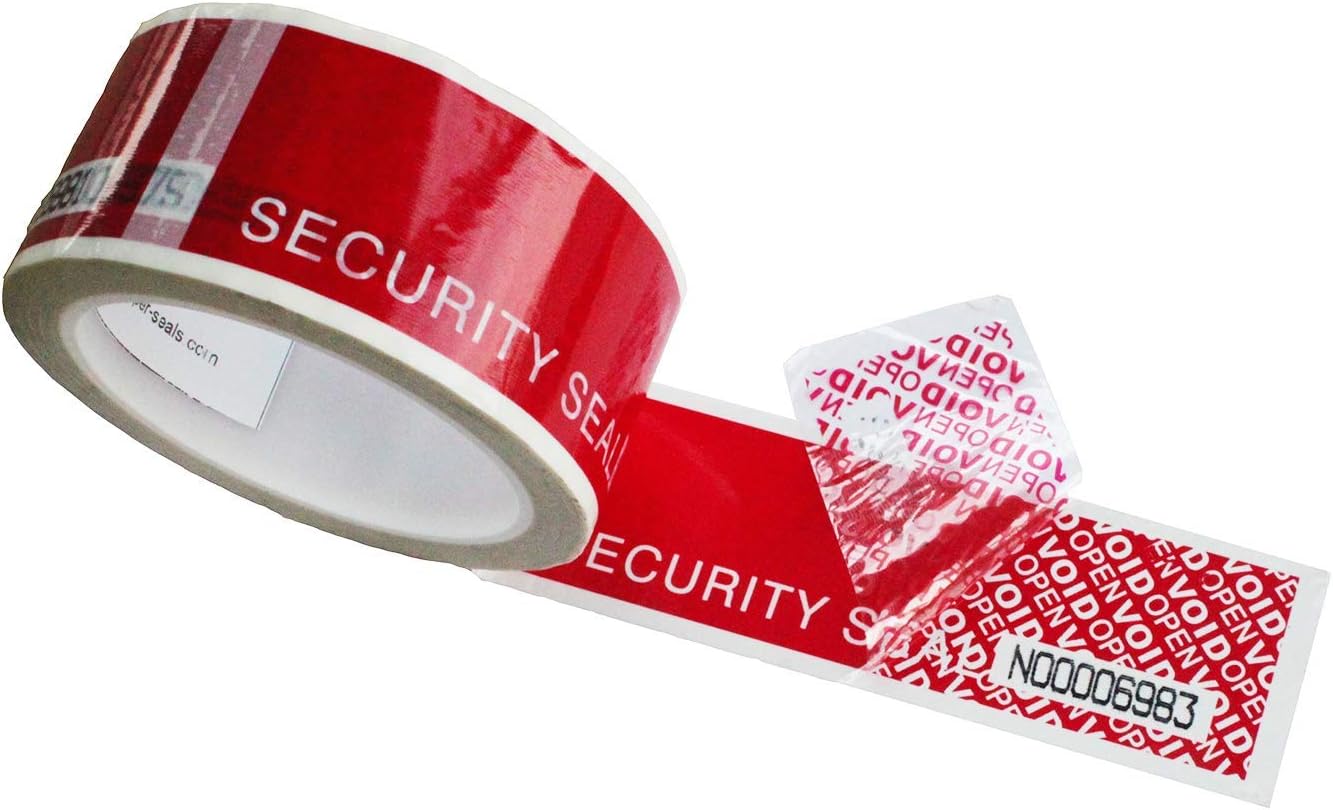 TamperSeals Group - 1 Roll Precut Serial Numbered Red Tamper Evident Security Tape (48mm x 50m x 2mil, 100% Total Transfer, Ultra-Thick “Void” Film, Every 6” Perforation)