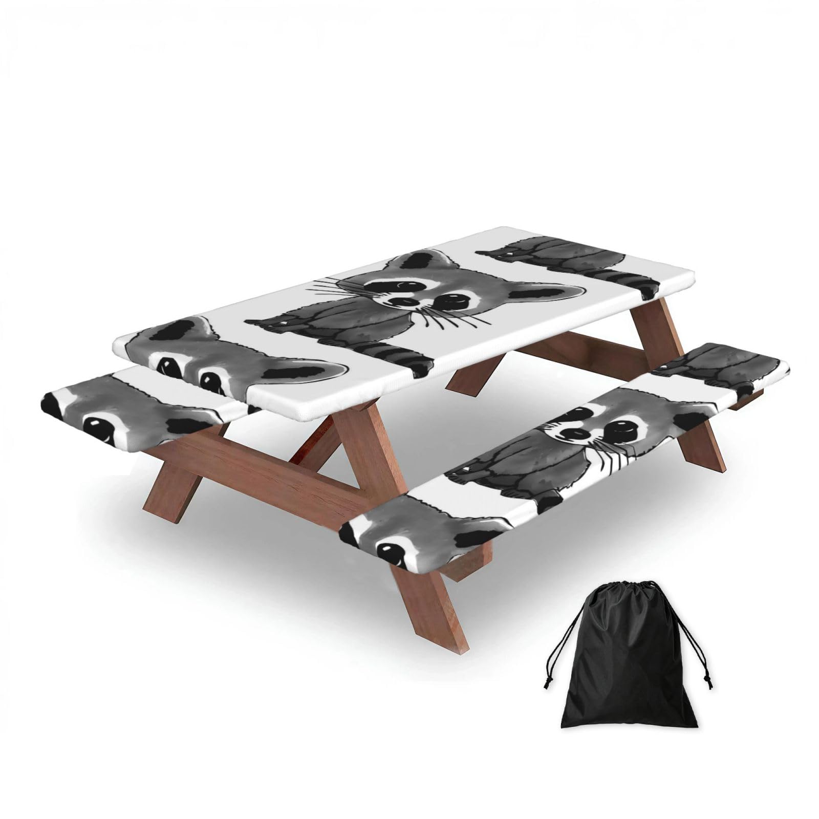 Dopklna As Picture Cartoon Cute Raccoon, Picnic Table Cover With Bench Covers -Waterproof Elastic Fitted Tablecloth For Garden Camping Patio 76X152cm