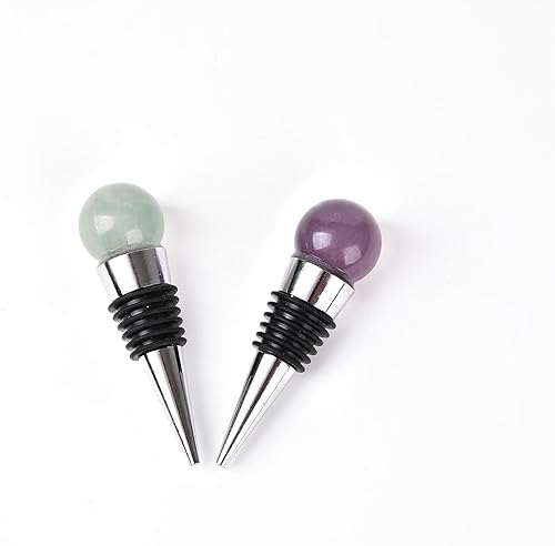 AMOYSTONE 2 tapones de vino de fluorita natural, piedra de roca de cristal de roca, forma esférica, morado y verde